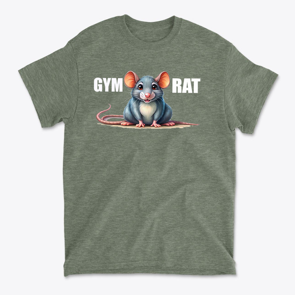 Gym Rat Cute Stylish Fitness Casual Wear T-Shirt featuring a cartoon mouse design on a green shirt.