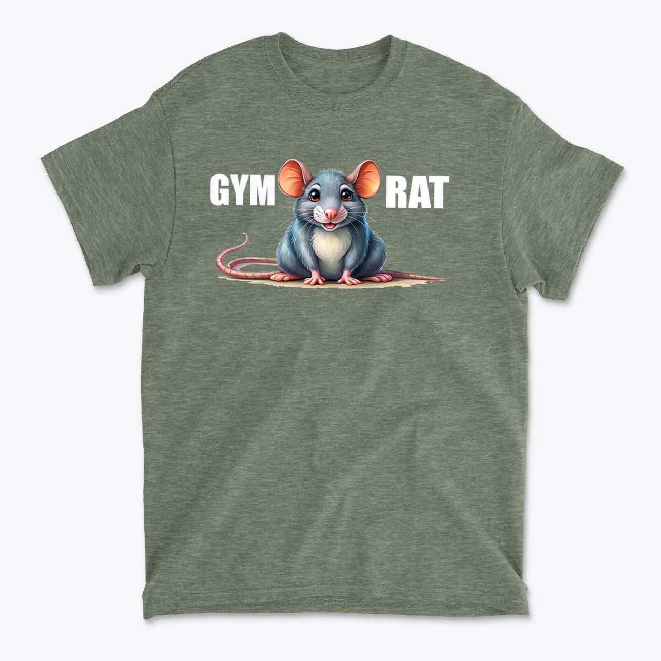 Gym Rat Cute Stylish Fitness Casual Wear T-Shirt featuring a cartoon mouse design on a green shirt.