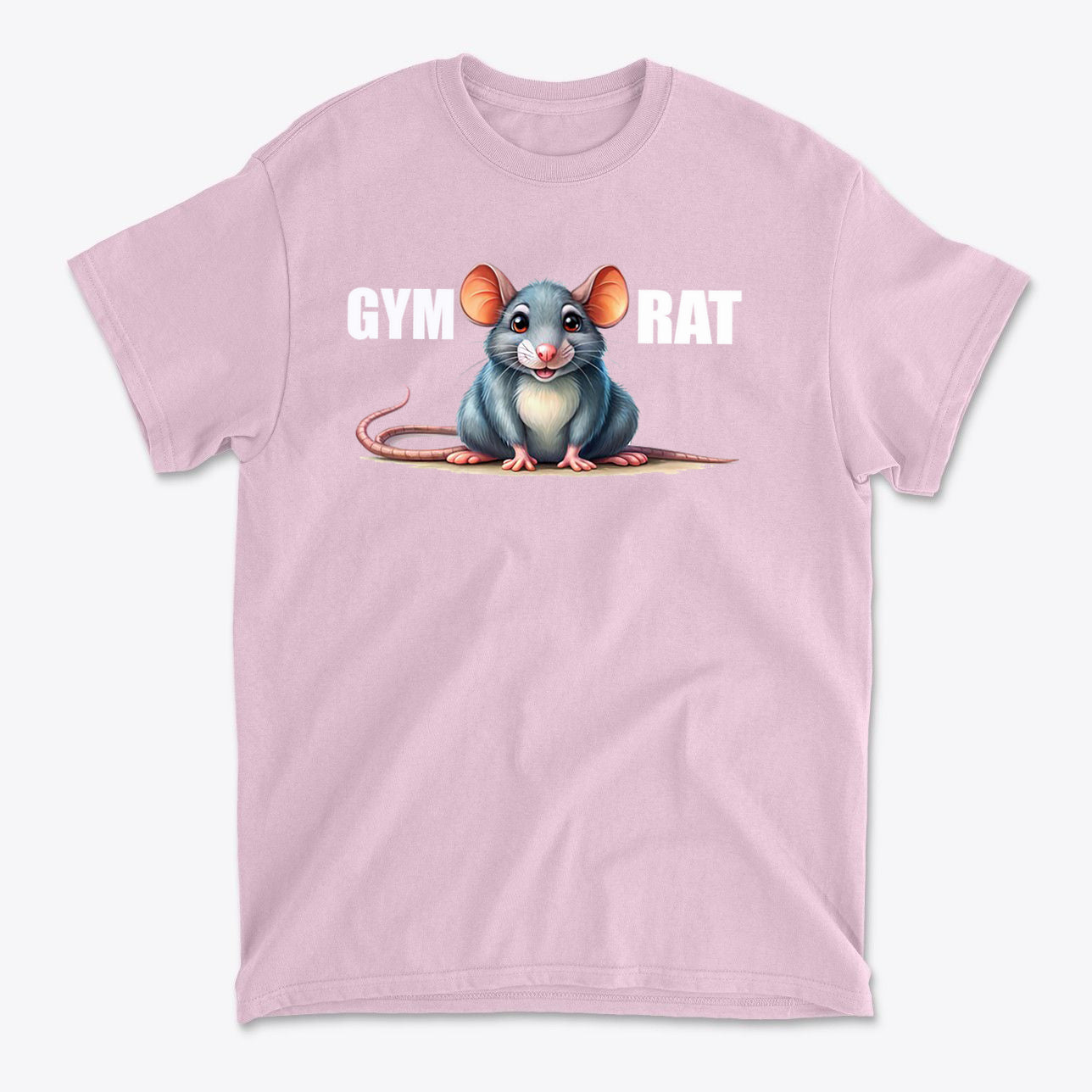 Gym Rat Cute Stylish Fitness Casual Wear T-Shirt featuring a cute cartoon mouse design on a pink shirt.