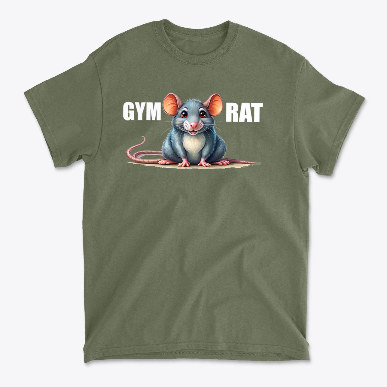 Gym Rat Cute Stylish Fitness Casual Wear T-Shirt featuring a cartoon mouse design on an olive green shirt.