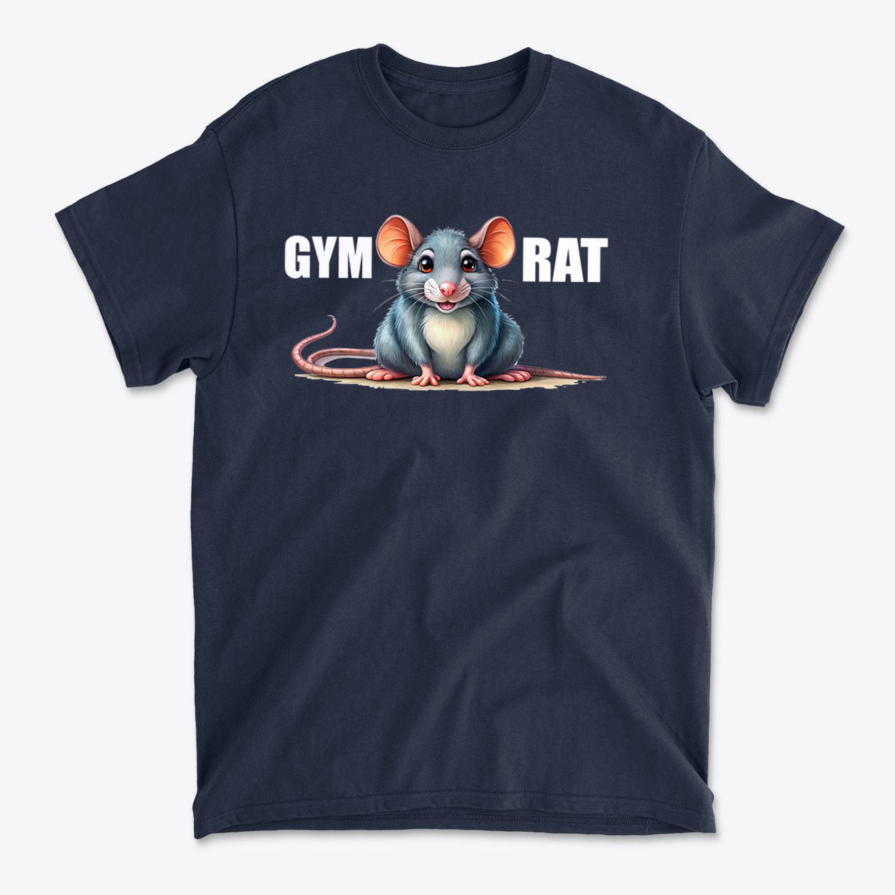 Gym Rat Cute Stylish Fitness Casual Wear T-Shirt featuring a cute cartoon mouse design on a navy background.