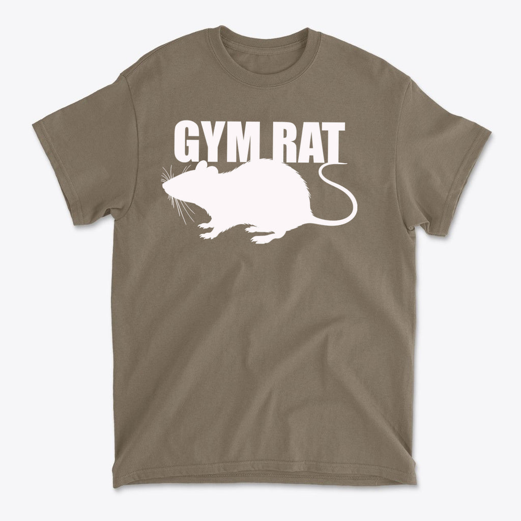 Gym Rat White Letters Classic Comfortable Shirt Design featuring a rat silhouette and bold text on a khaki background.