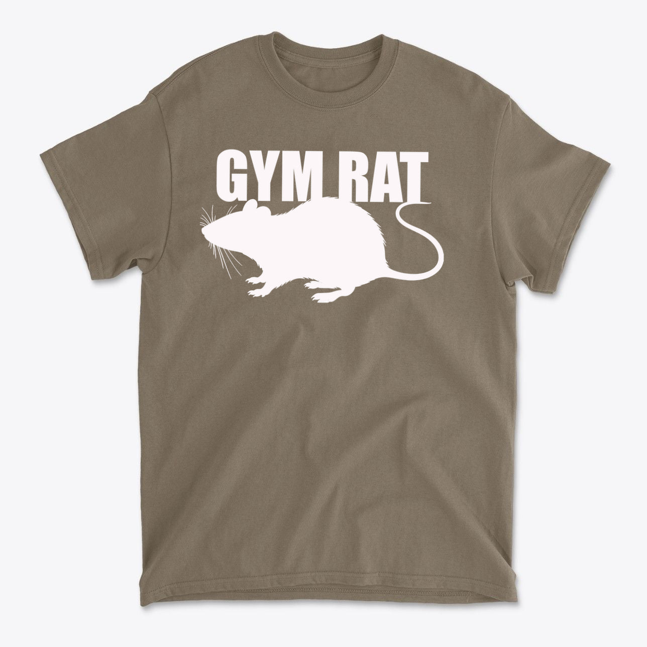 Gym Rat White Letters Classic Comfortable Shirt Design featuring a rat silhouette and bold text on a khaki background.