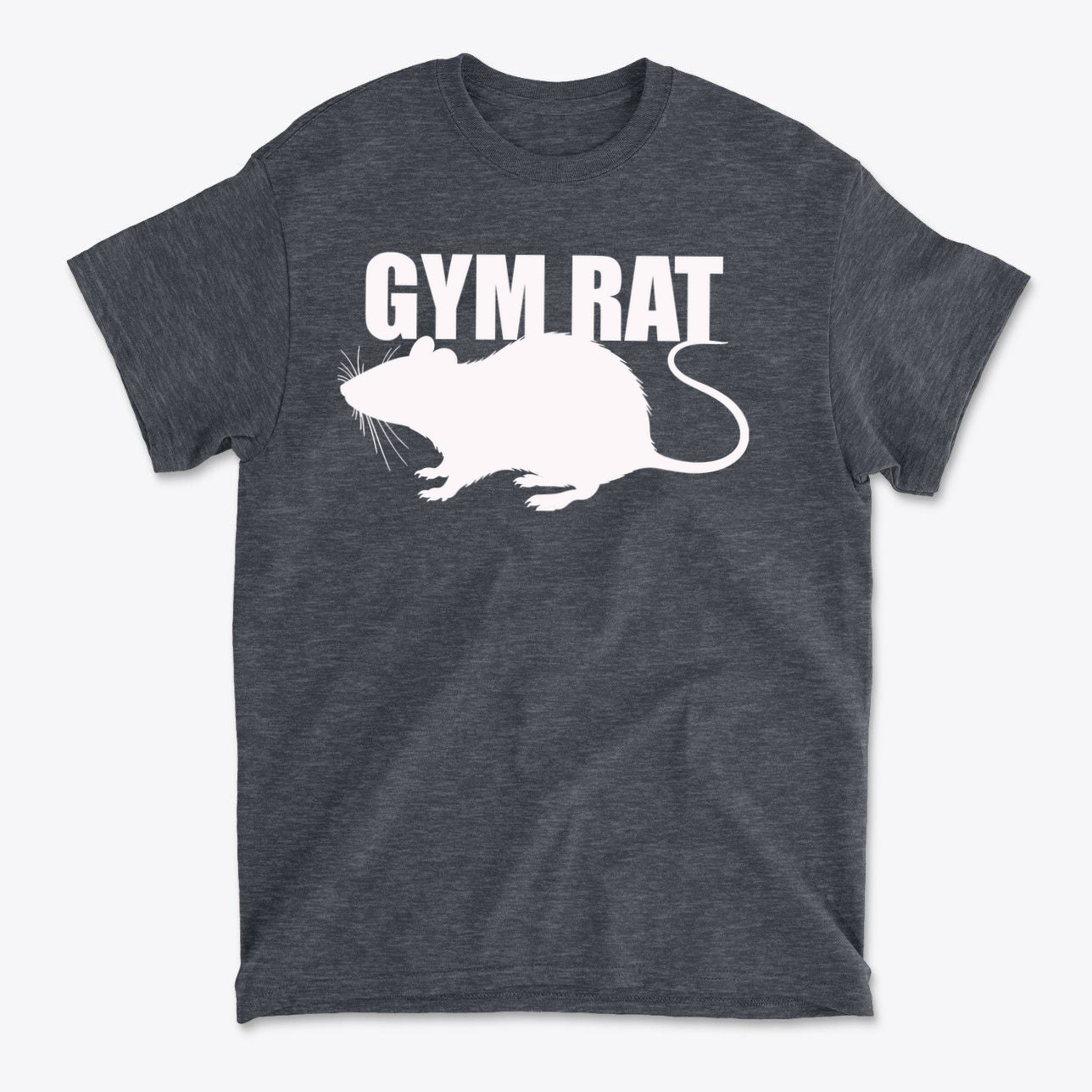 Gym Rat White Letters Classic Comfortable Shirt Design featuring a white graphic of a rat on a dark shirt.