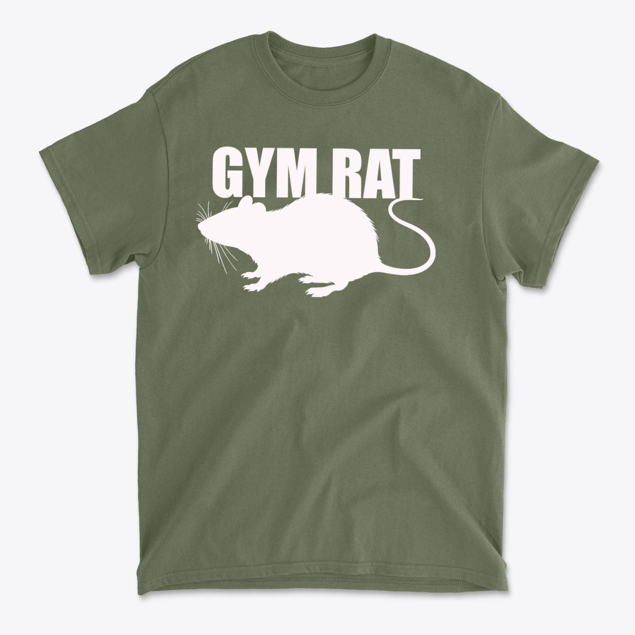 Gym Rat White Letters Classic Comfortable Shirt Design on an olive green t-shirt with a rat graphic.