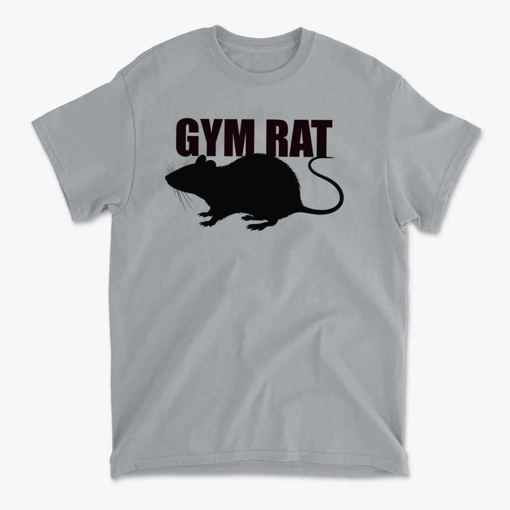 The Life Of A Dedicated Gym Rat graphic tee featuring a silhouette of a gym rat on a gray shirt.