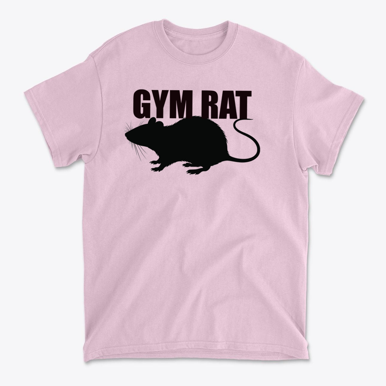 The Life Of A Dedicated Gym Rat graphic t-shirt in pink featuring a silhouette of a gym rat.