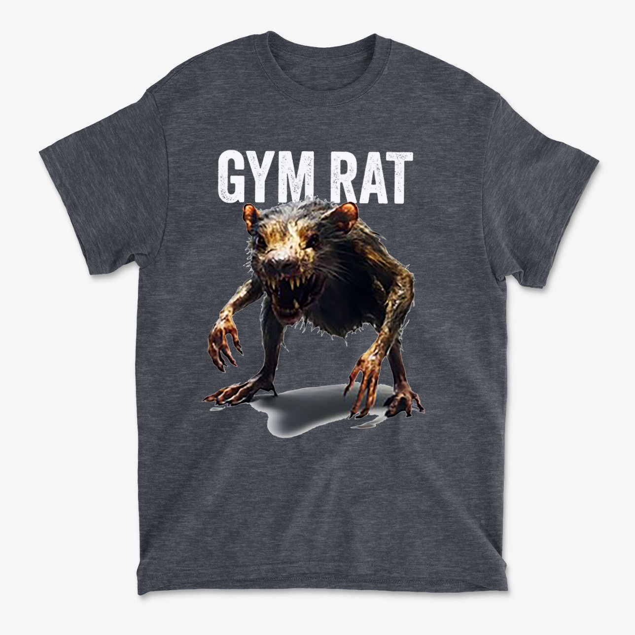 Gym Rat 2 Basic Lifestyle Comfortable Shirt Design featuring a fierce gym rat graphic on a dark t-shirt.