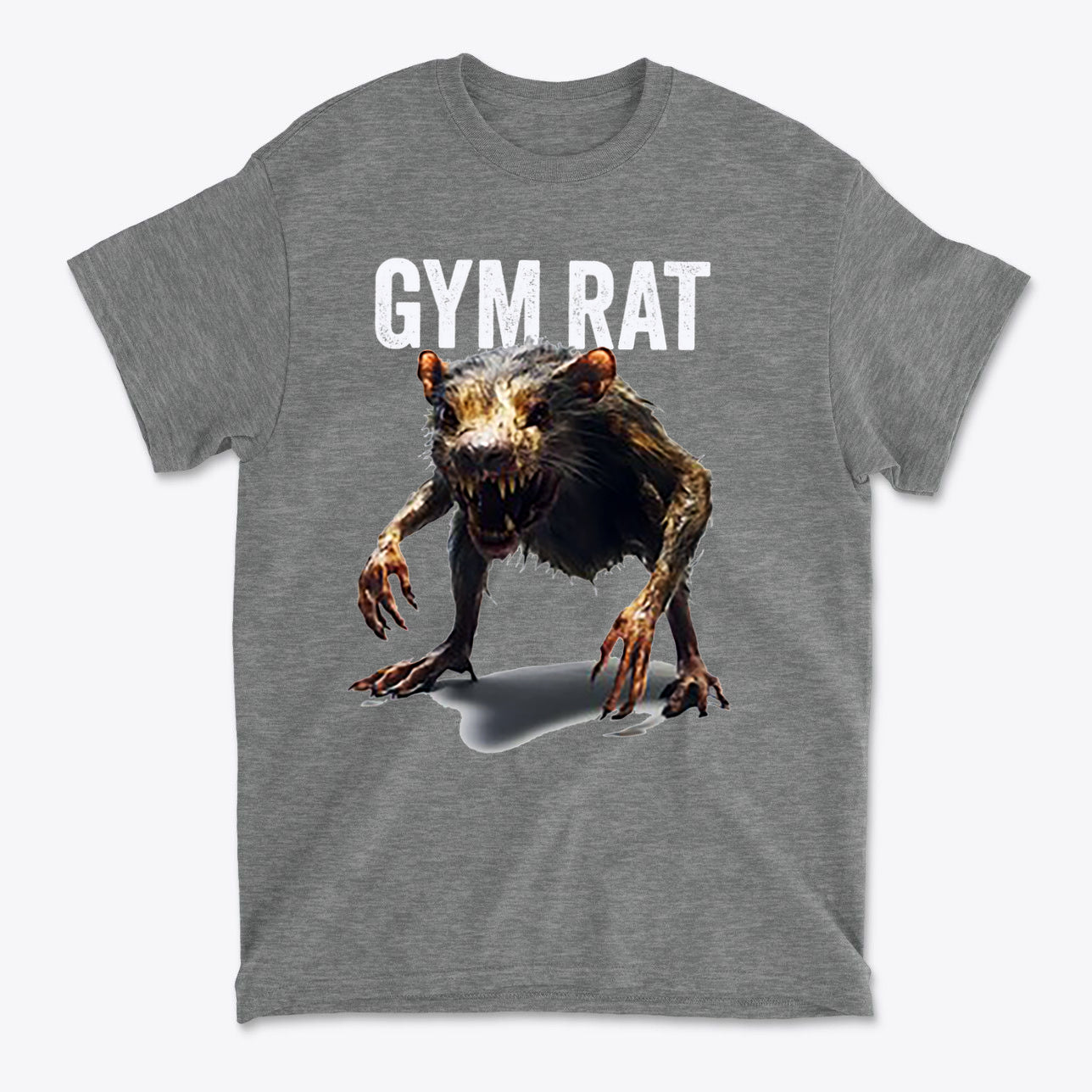 Gym Rat 2 Basic Lifestyle Comfortable Shirt Design featuring a monster rat graphic with the text 'GYM RAT'.