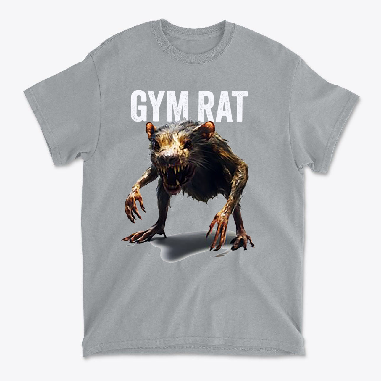 Gym Rat 2 Basic Lifestyle Comfortable Shirt Design featuring a graphic of a menacing rat on a gray t-shirt.