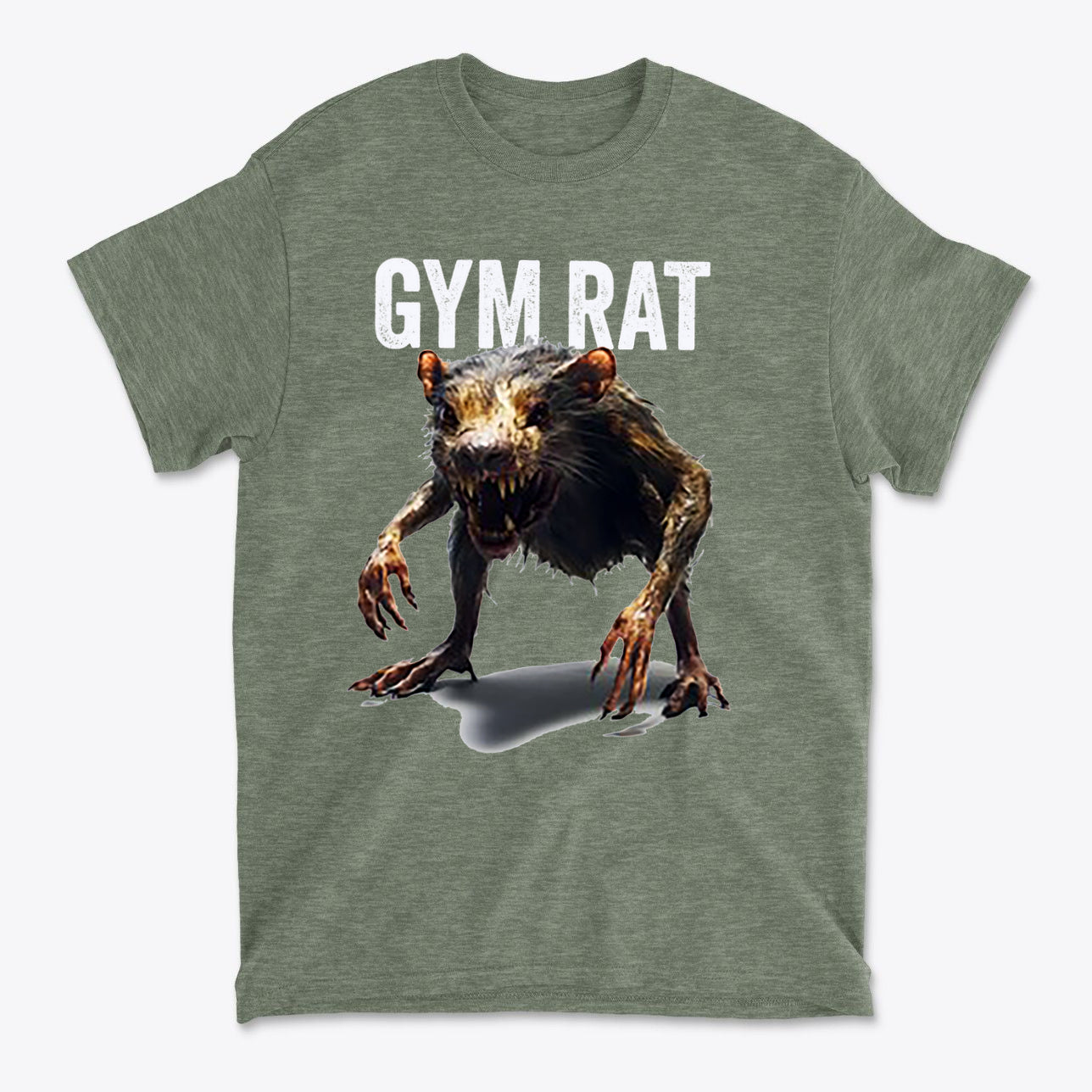 Gym Rat 2 Basic Lifestyle Comfortable Shirt Design featuring a fierce gym rat graphic on a green t-shirt.