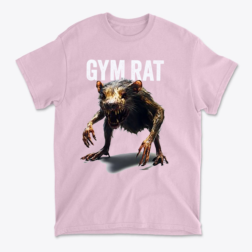 Gym Rat 2 Basic Lifestyle Comfortable Shirt Design featuring a creature graphic on a pink t-shirt.