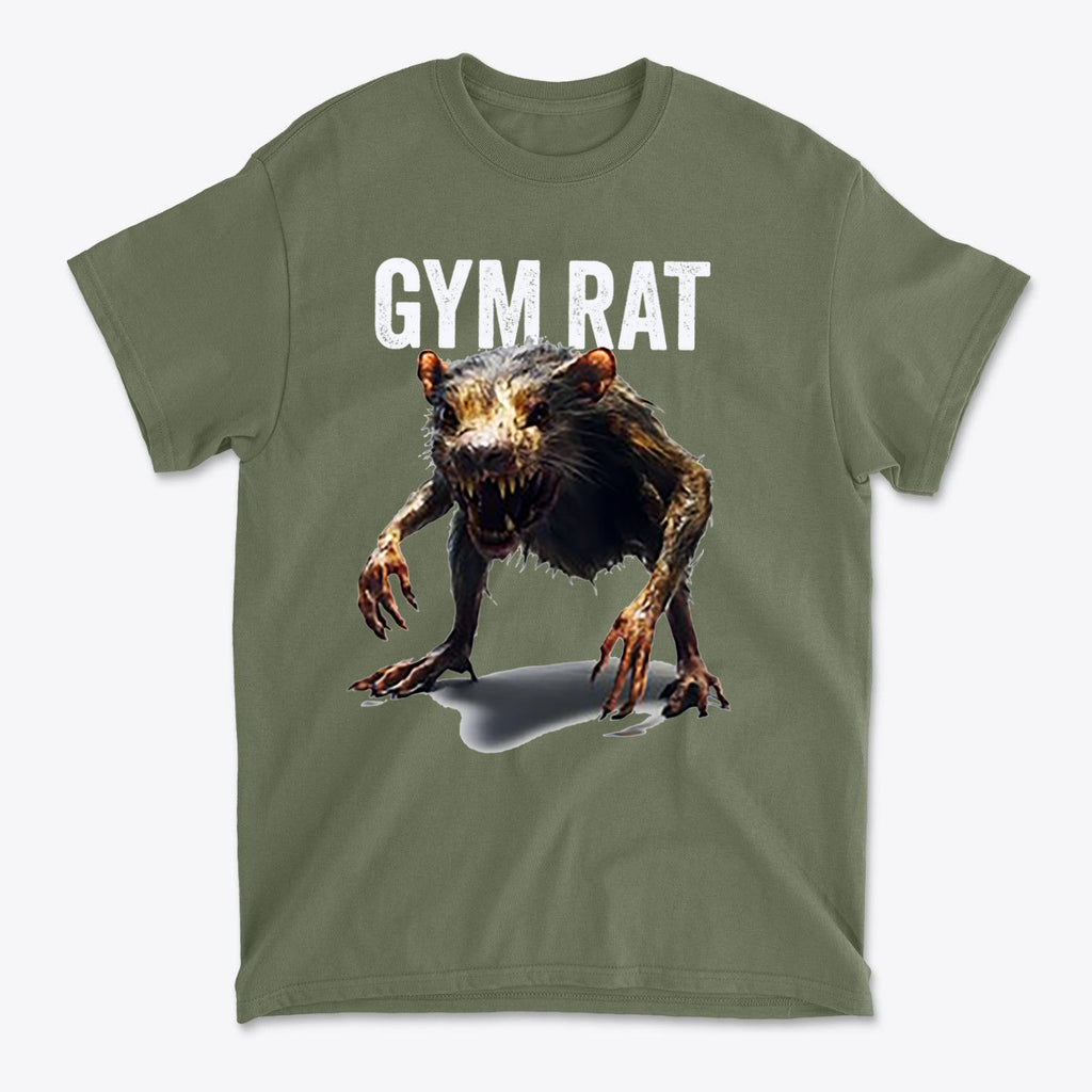 Gym Rat 2 Basic Lifestyle Comfortable Shirt Design featuring a monster rat graphic on an olive green t-shirt.