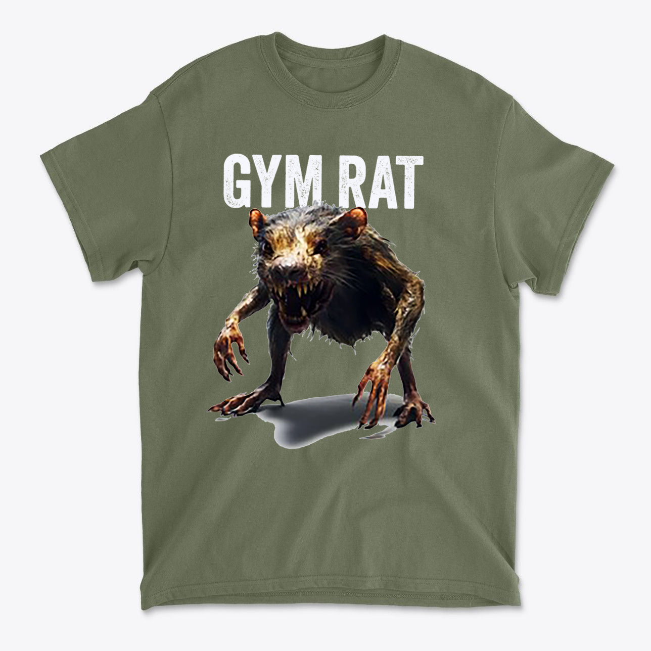 Gym Rat 2 Basic Lifestyle Comfortable Shirt Design featuring a monster rat graphic on an olive green t-shirt.
