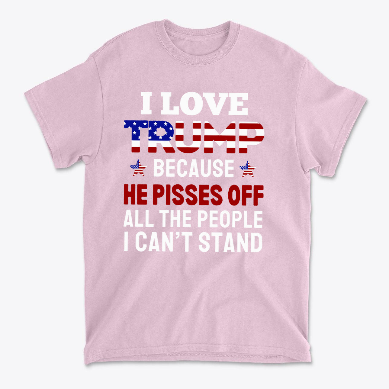 Why I Love Trump For The Impact graphic t-shirt showcasing patriotic message in bold colors.