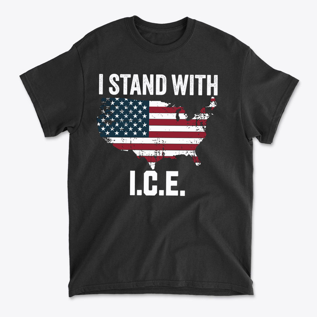 Why I Stand With ICE Every Day t-shirt featuring the United States map with an American flag design.