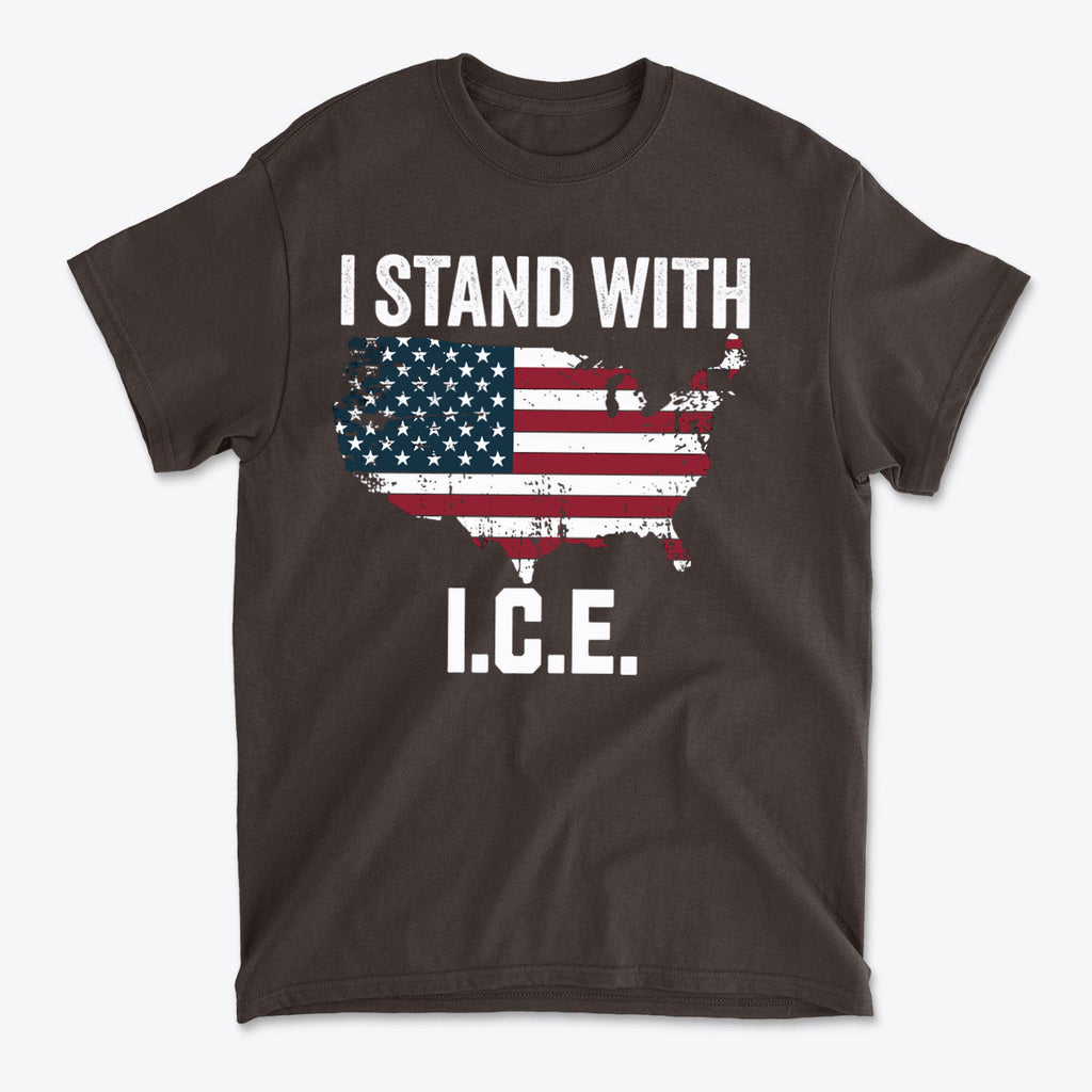 Why I Stand With ICE Every Day graphic t-shirt featuring American flag design.