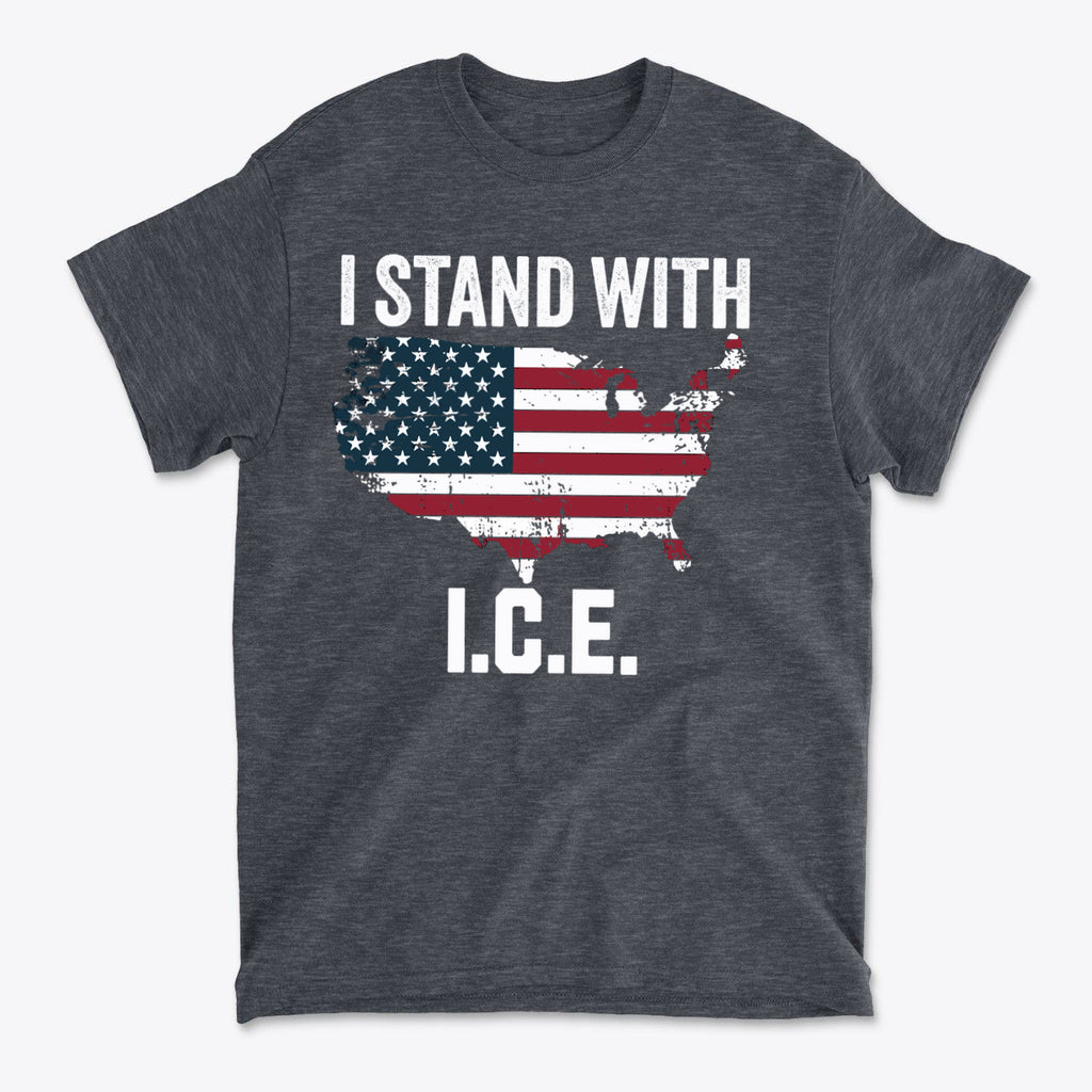 Why I Stand With ICE Every Day graphic t-shirt featuring a USA flag layout.