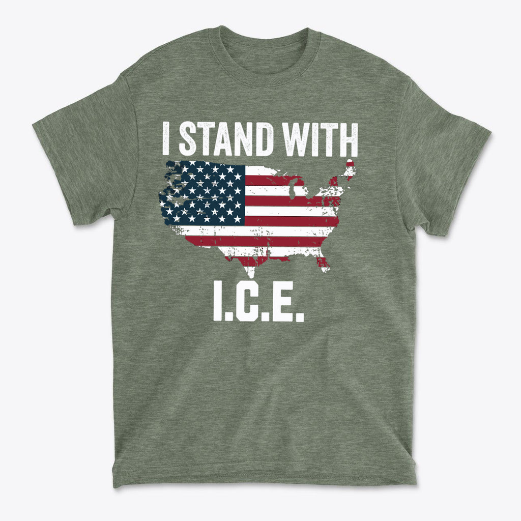 Why I Stand With ICE Every Day graphic shirt featuring USA map and flag design.
