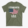 Why I Stand With ICE Every Day graphic t-shirt featuring U.S. map and American flag design.