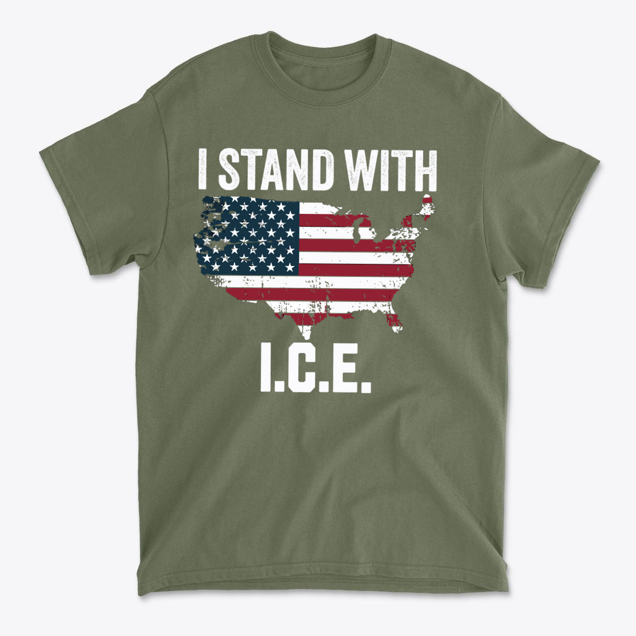 Why I Stand With ICE Every Day graphic t-shirt featuring U.S. map and American flag design.