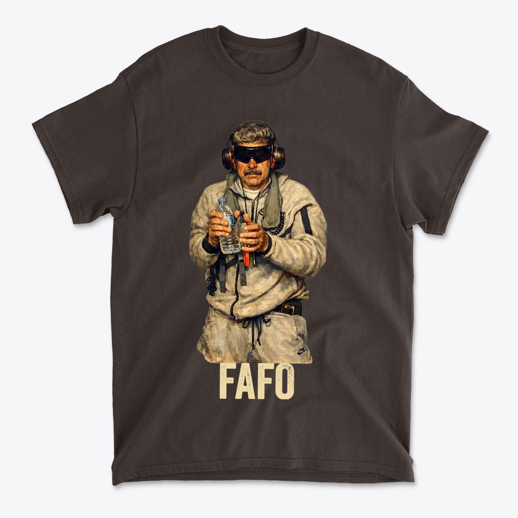 Maduro In Handcuffs FAFO Reality graphic t-shirt featuring a man in tactical gear holding items.