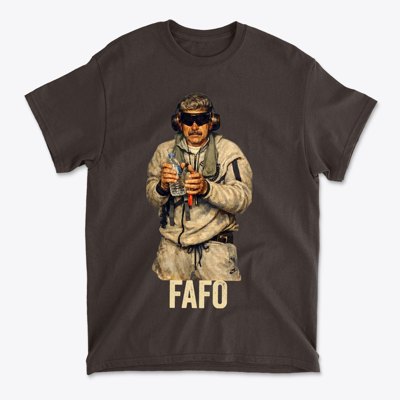 Maduro In Handcuffs FAFO Reality graphic t-shirt featuring a man in tactical gear holding items.
