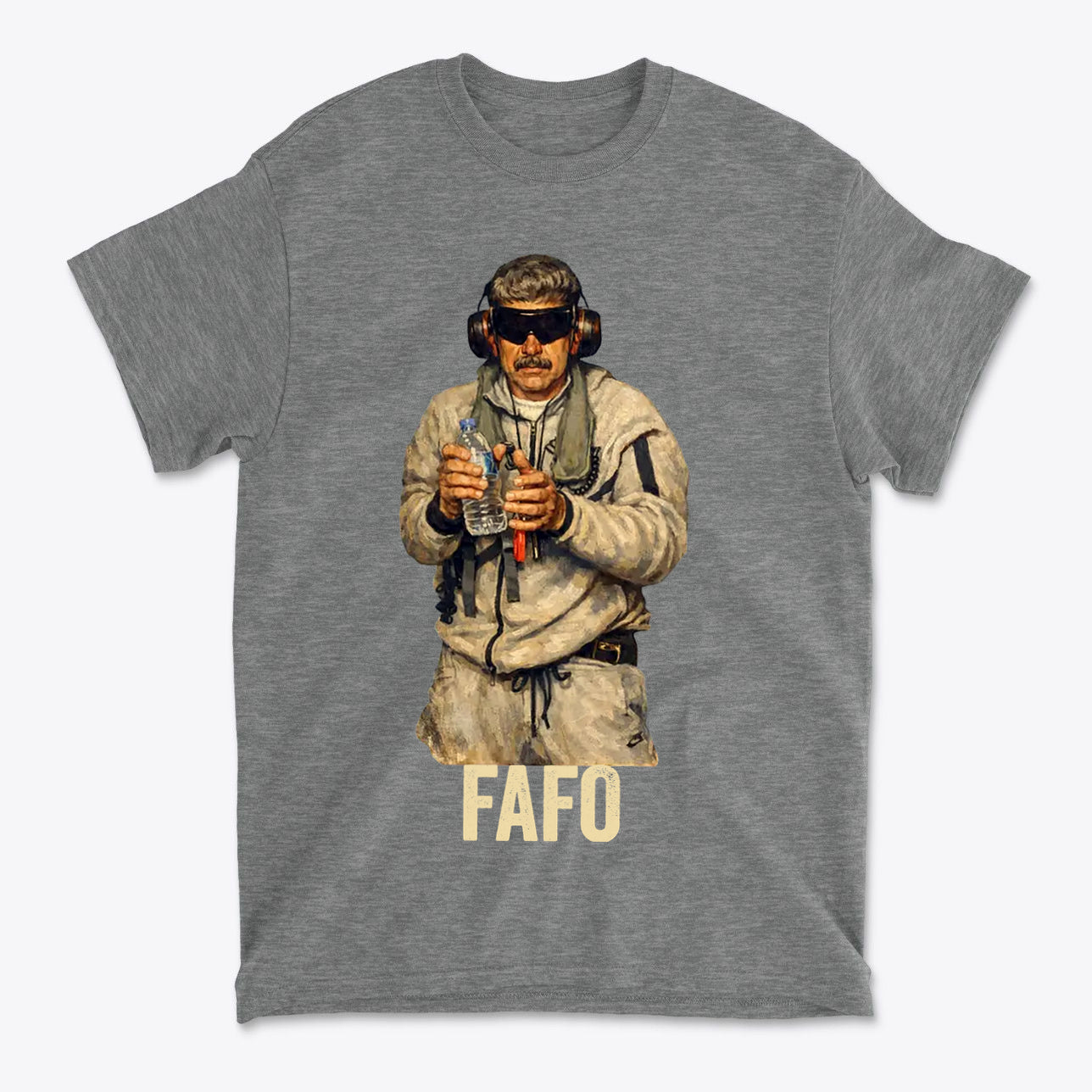 Maduro In Handcuffs FAFO Reality graphic t-shirt featuring an illustration of a man holding tools.