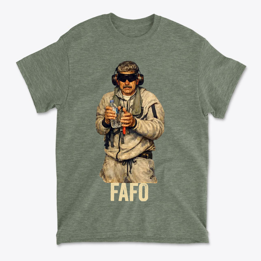 Maduro In Handcuffs FAFO Reality graphic tee featuring a man with a serious expression holding objects.