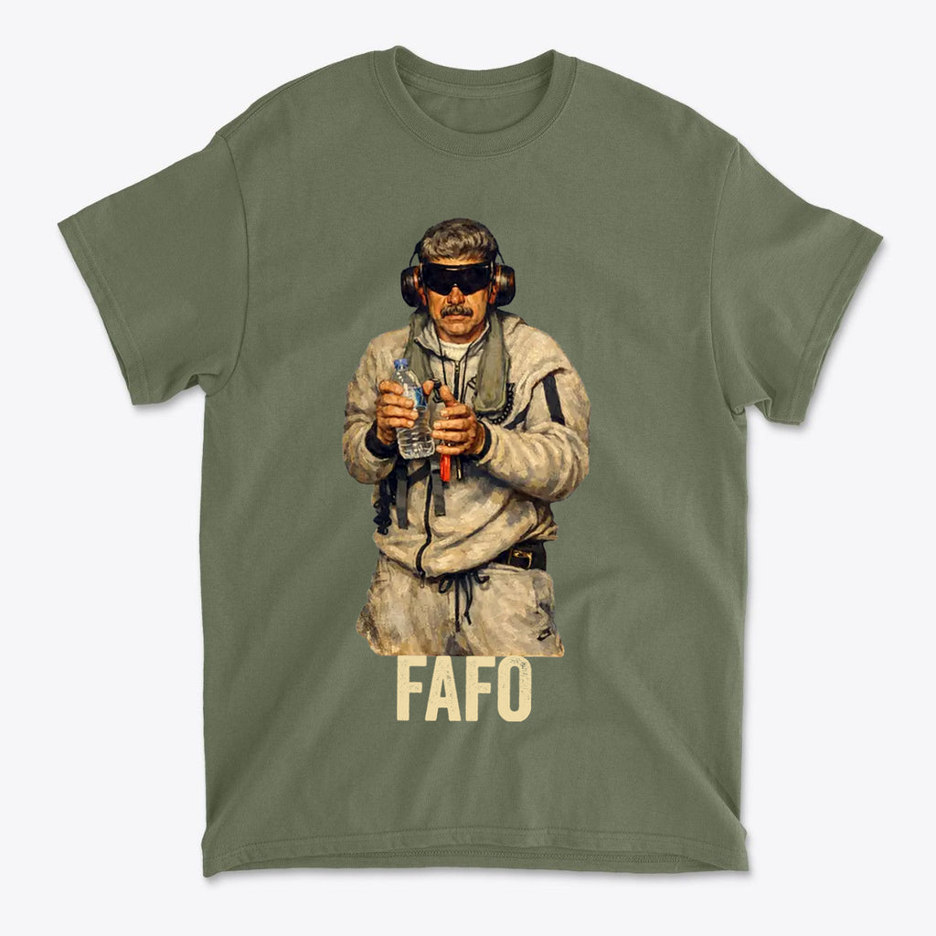 Maduro In Handcuffs FAFO Reality graphic t-shirt featuring a man holding firearms in a military style.