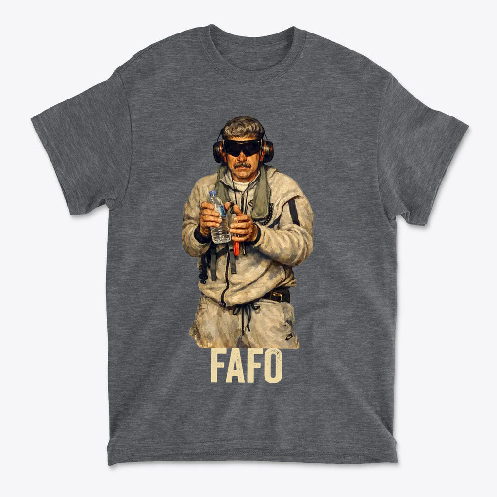 Maduro In Handcuffs FAFO Reality graphic tee featuring a man in headphones holding weapons.
