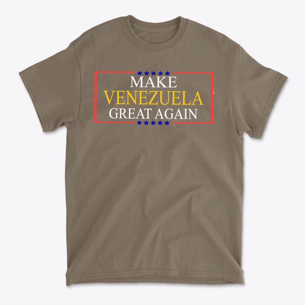 Make Venezuela Great Again Stylish Graphic Apparel t-shirt featuring bold text and colorful stars.