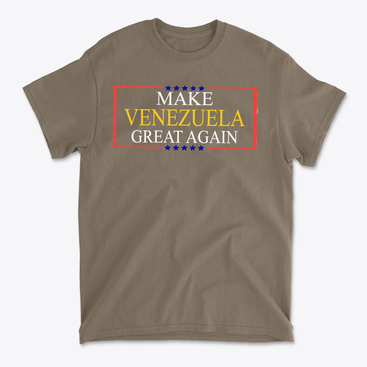 Make Venezuela Great Again Stylish Graphic Apparel t-shirt featuring bold text and colorful stars.