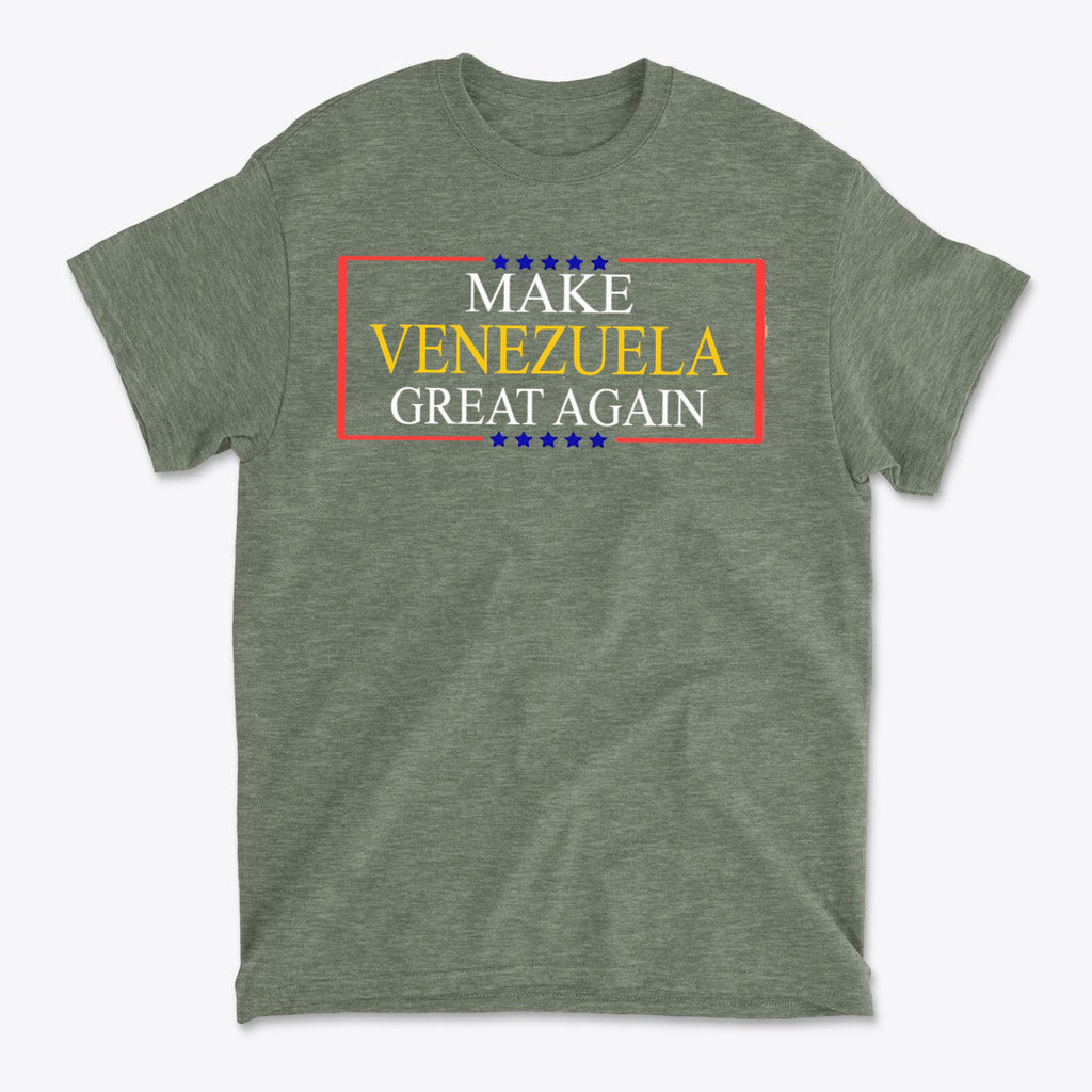 Make Venezuela Great Again Stylish Graphic Apparel on a green t-shirt with bold lettering.