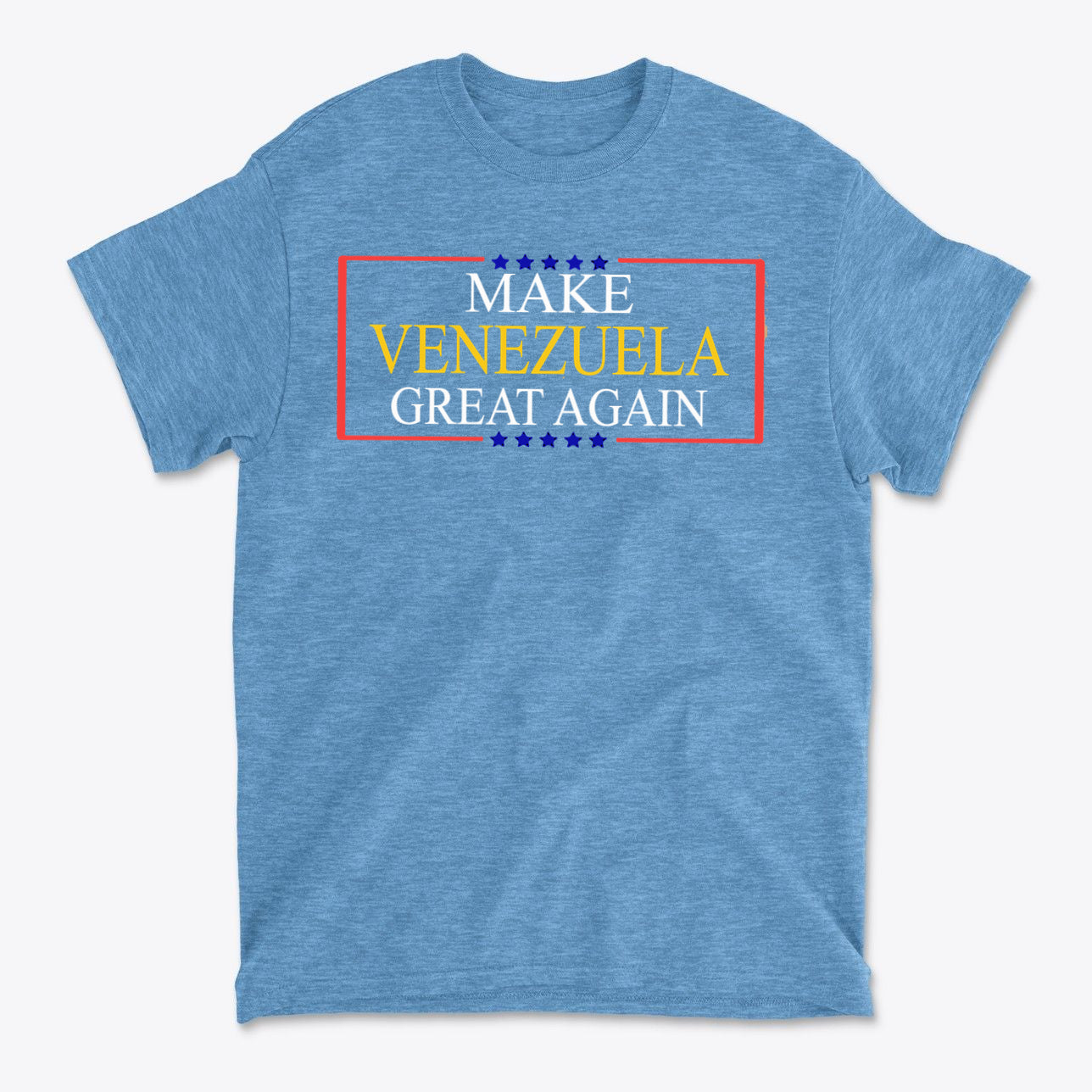 Make Venezuela Great Again Stylish Graphic Apparel on a blue t-shirt with bold text design.
