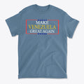 Make Venezuela Great Again Stylish Graphic Apparel on a blue t-shirt, showcasing bold design and vibrant colors.