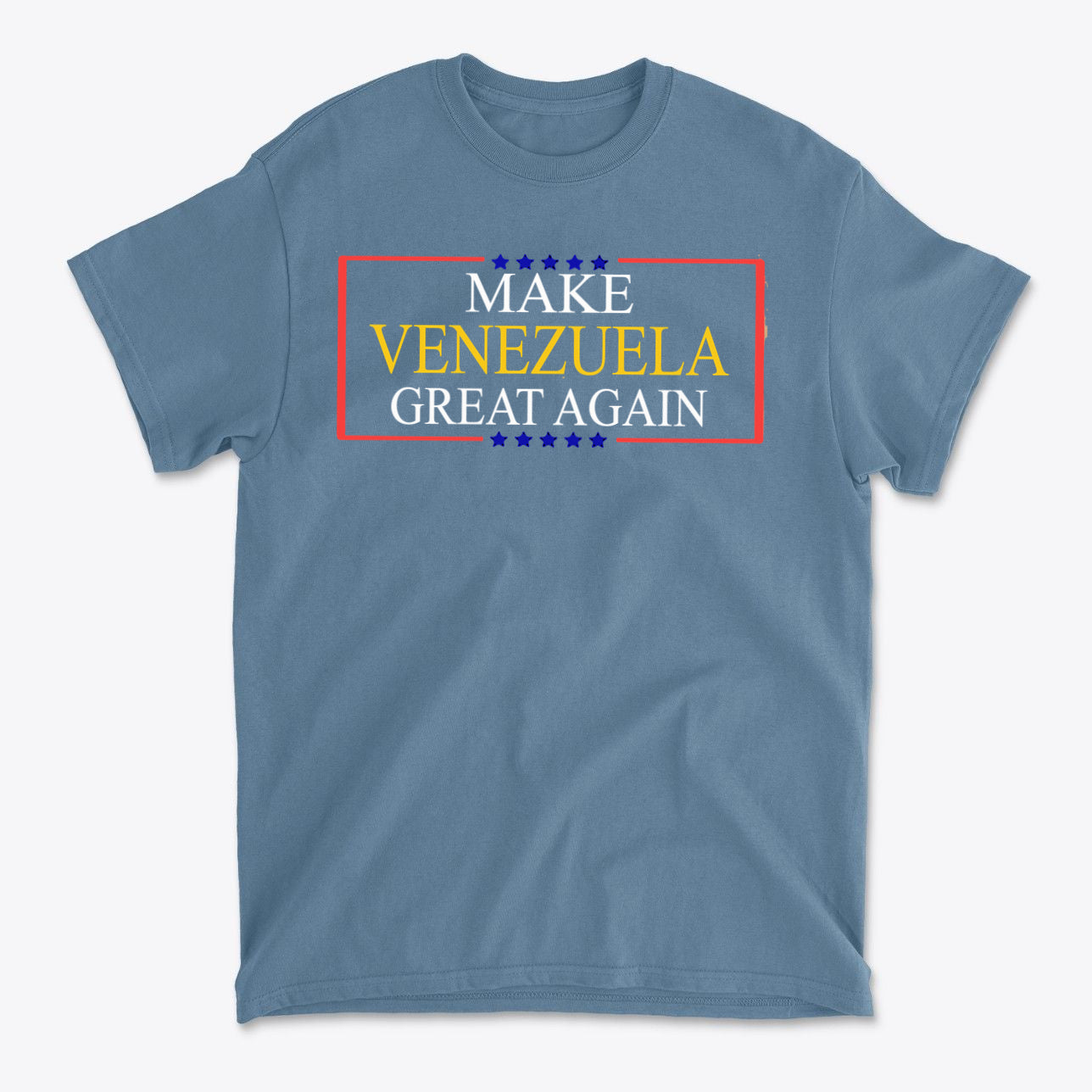 Make Venezuela Great Again Stylish Graphic Apparel on a blue t-shirt, showcasing bold design and vibrant colors.