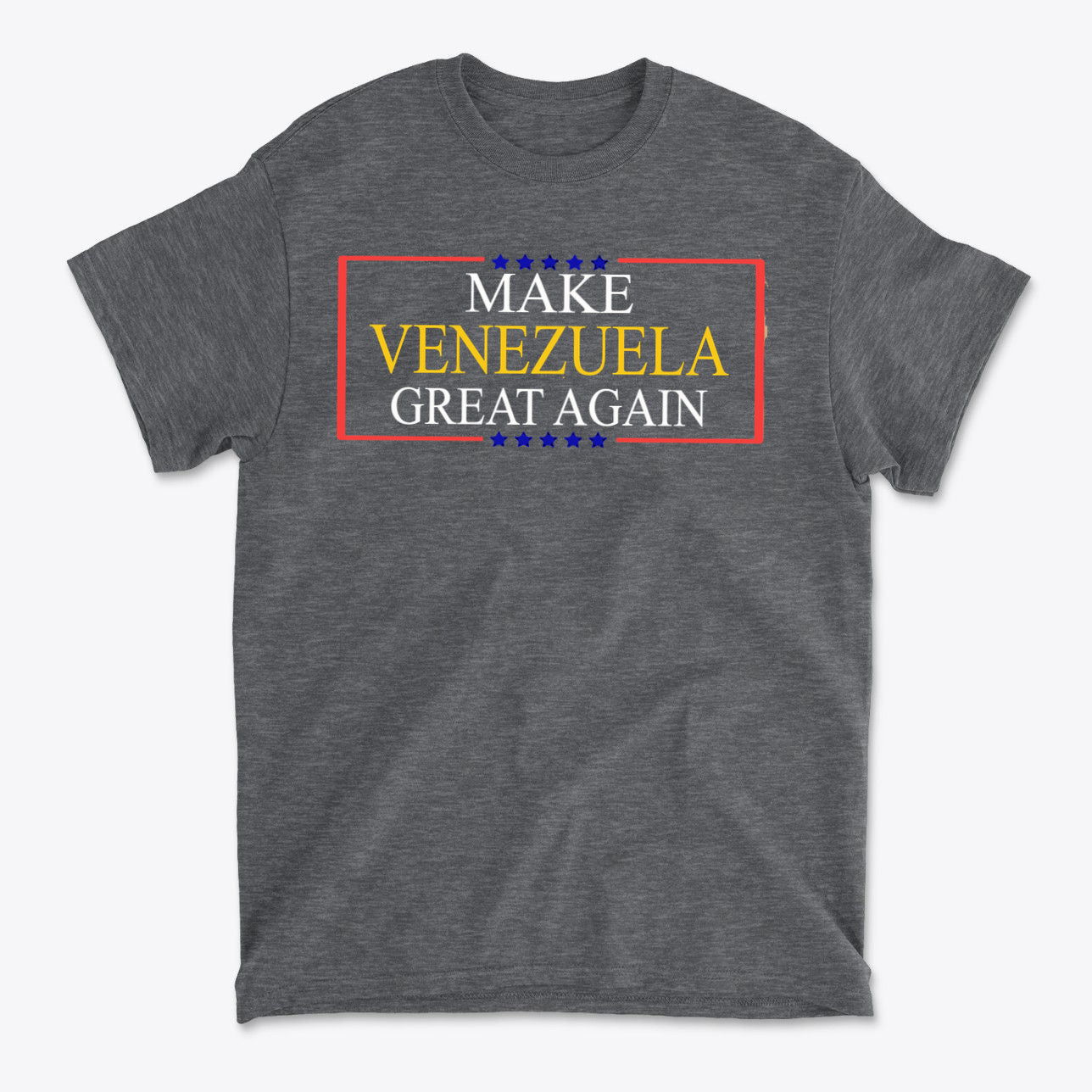 Make Venezuela Great Again Stylish Graphic Apparel on a gray t-shirt with bold lettering.