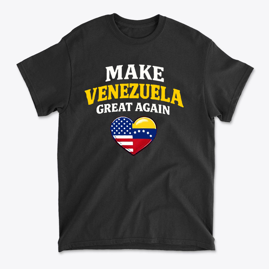 Make Venezuela Great Again With Flag Heart t-shirt featuring a heart with Venezuela and USA flags.