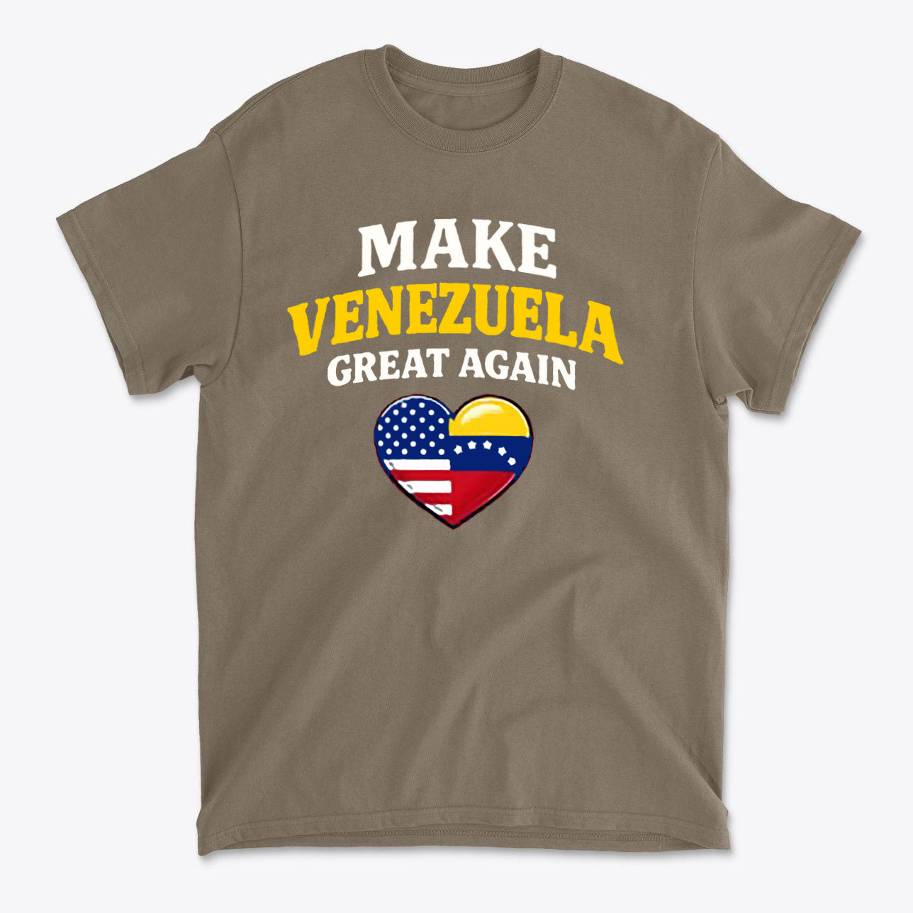 Make Venezuela Great Again With Flag Heart graphic t-shirt design featuring flags and heart symbol.