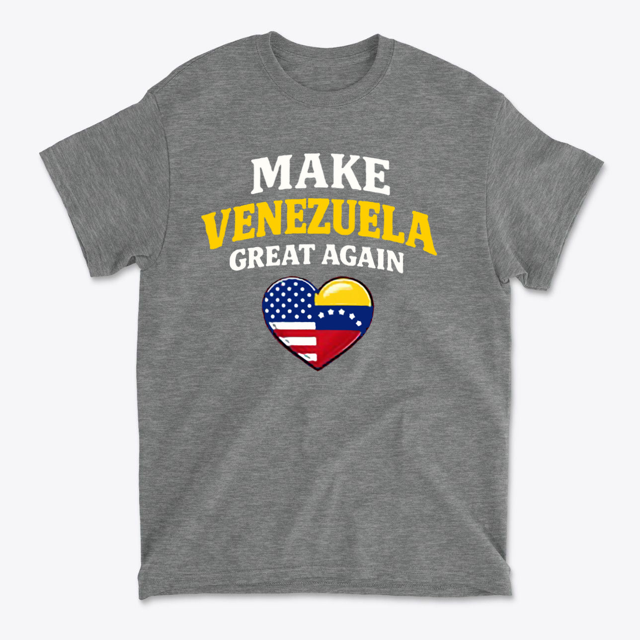 Make Venezuela Great Again With Flag Heart graphic t-shirt featuring patriotic design and colorful heart emblem.
