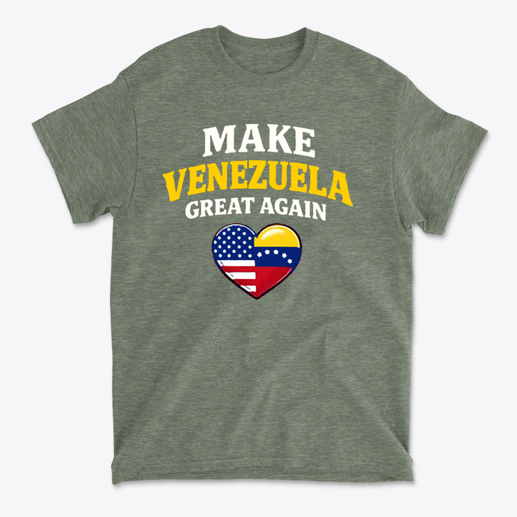 Make Venezuela Great Again With Flag Heart graphic t-shirt featuring a heart design with flags.