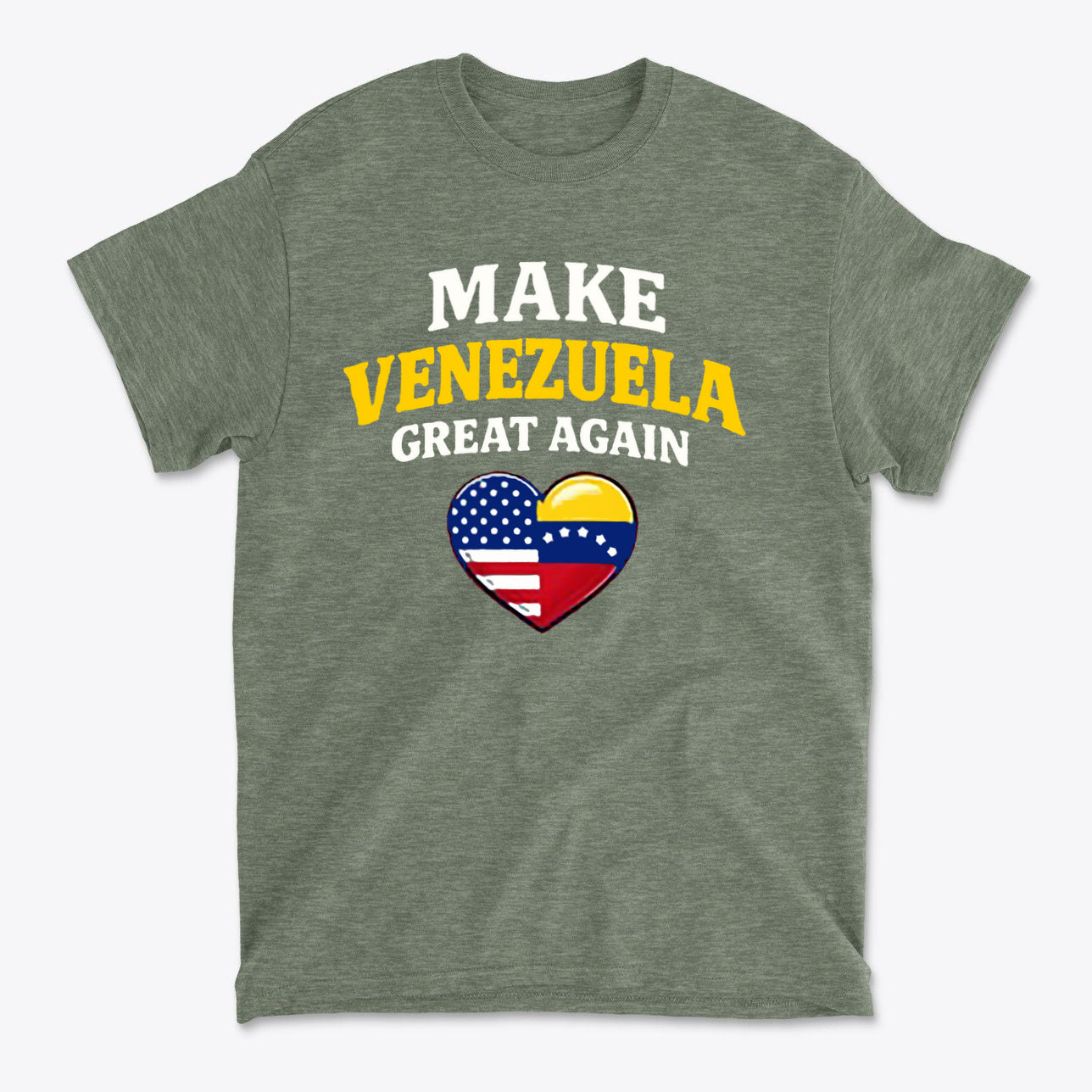 Make Venezuela Great Again With Flag Heart graphic t-shirt featuring a heart design with flags.