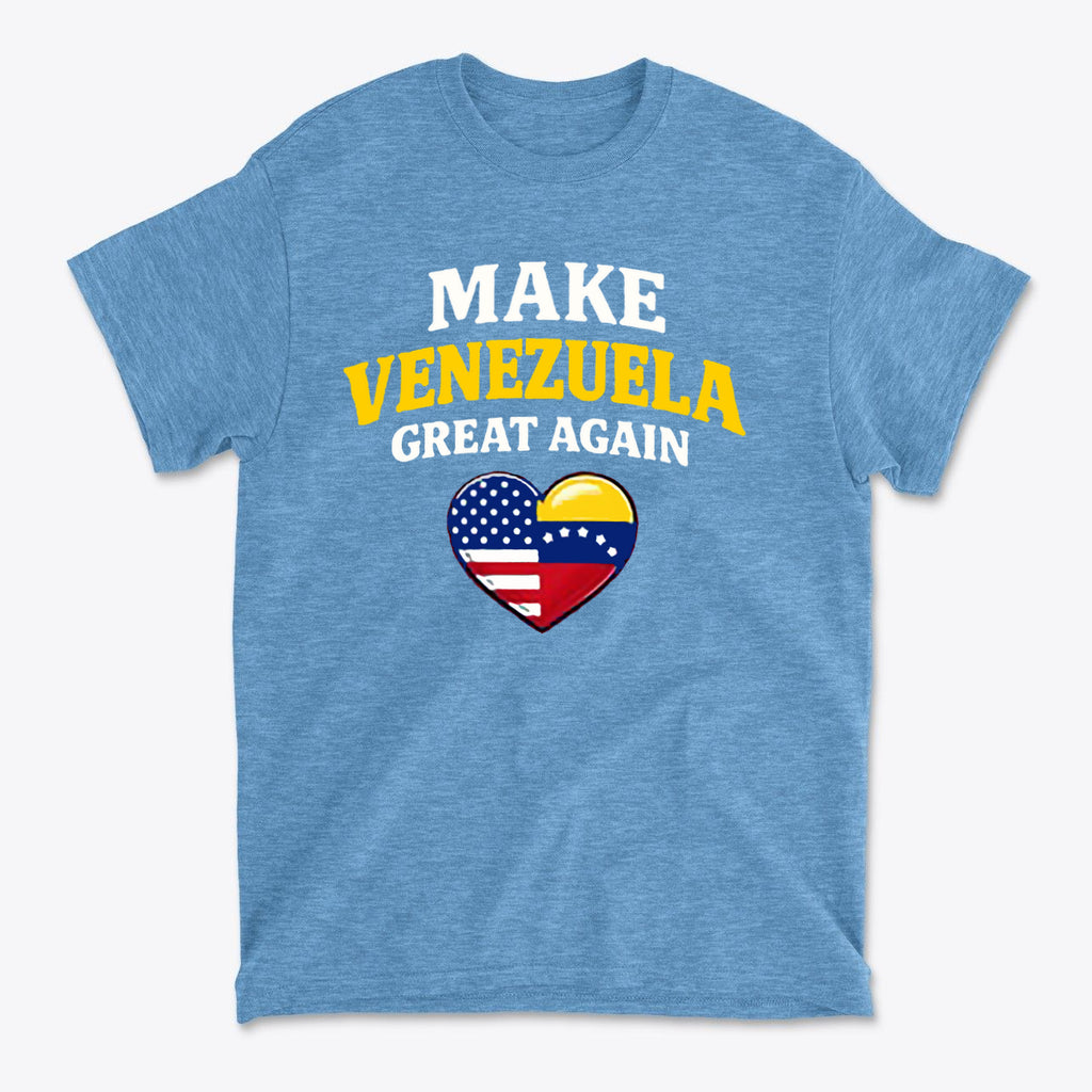 Make Venezuela Great Again With Flag Heart graphic on blue t-shirt, showing patriotism and comfort.