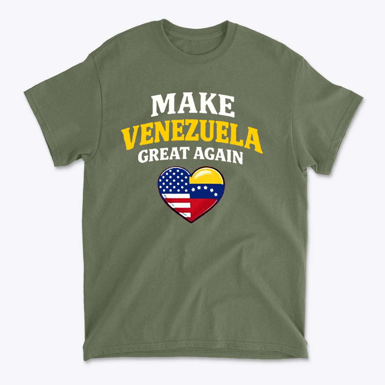 Make Venezuela Great Again With Flag Heart graphic on olive green t-shirt, showcasing patriotic themes.