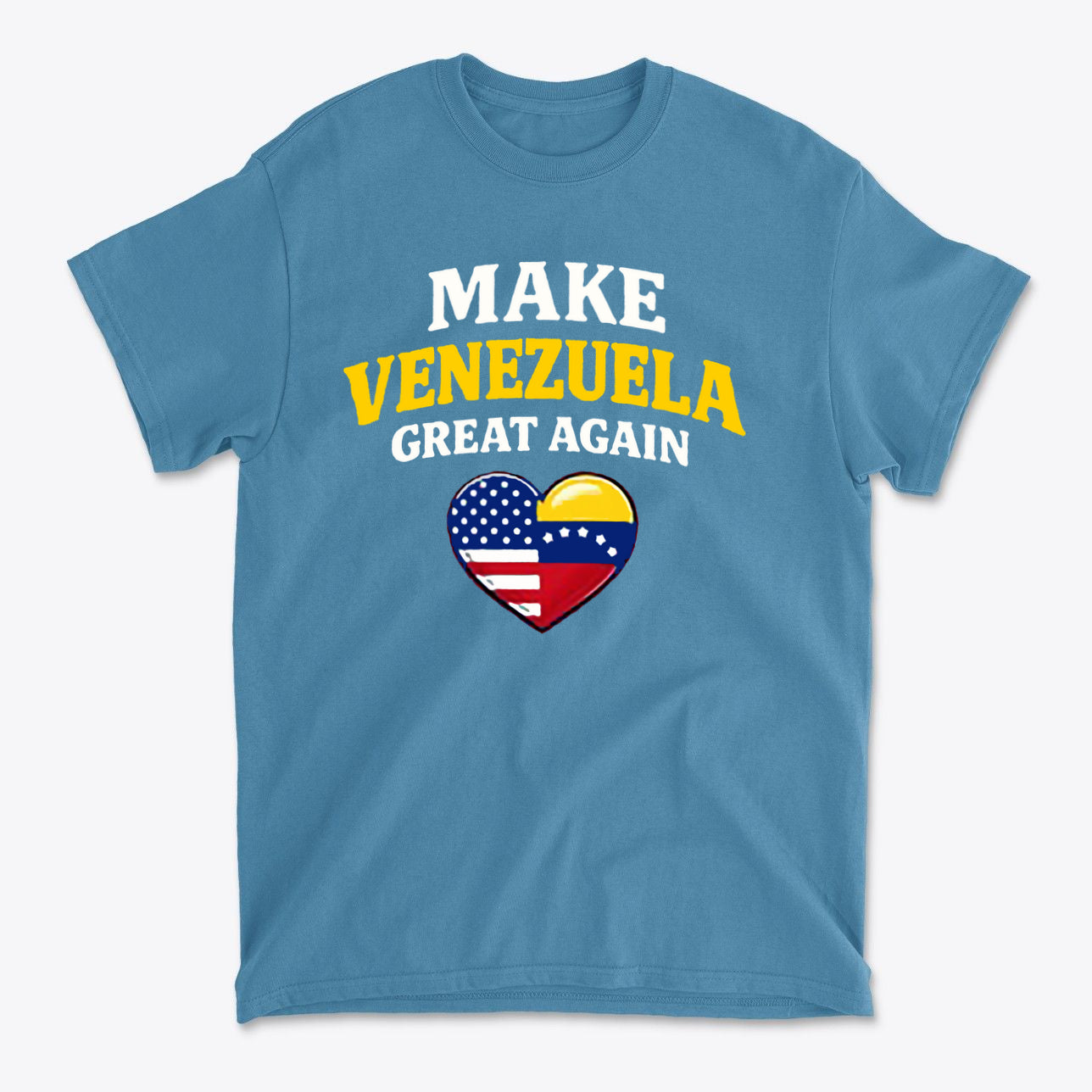 Make Venezuela Great Again With Flag Heart graphic t-shirt design featuring patriotic colors and symbols.