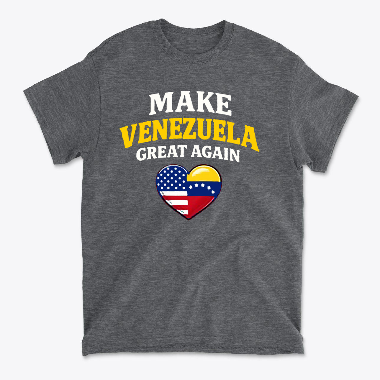 Make Venezuela Great Again With Flag Heart graphic t-shirt design featuring patriotic colors and symbols.