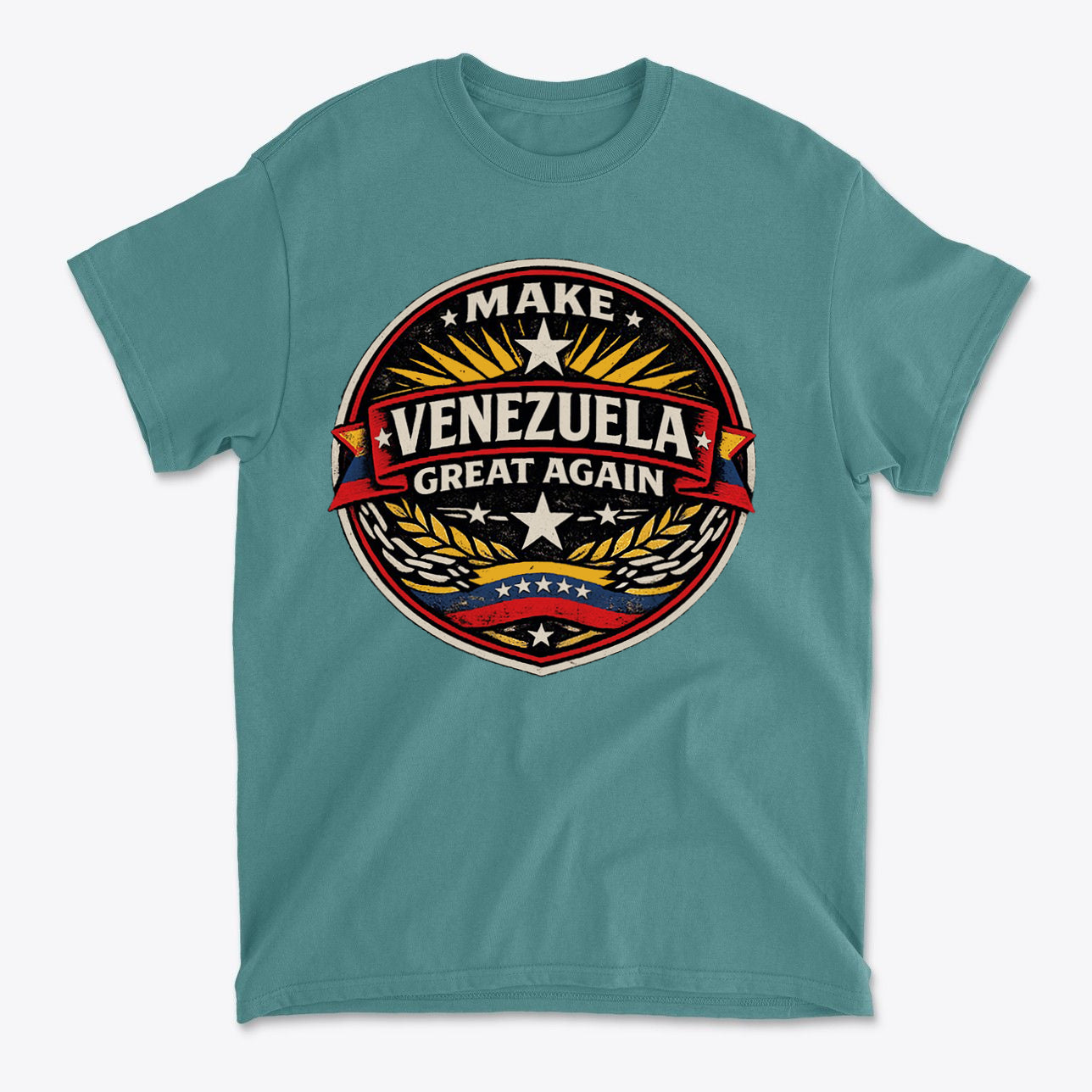 Make Venezuela Great Again for the Future graphic t-shirt in teal color with bold design and patriotic elements.