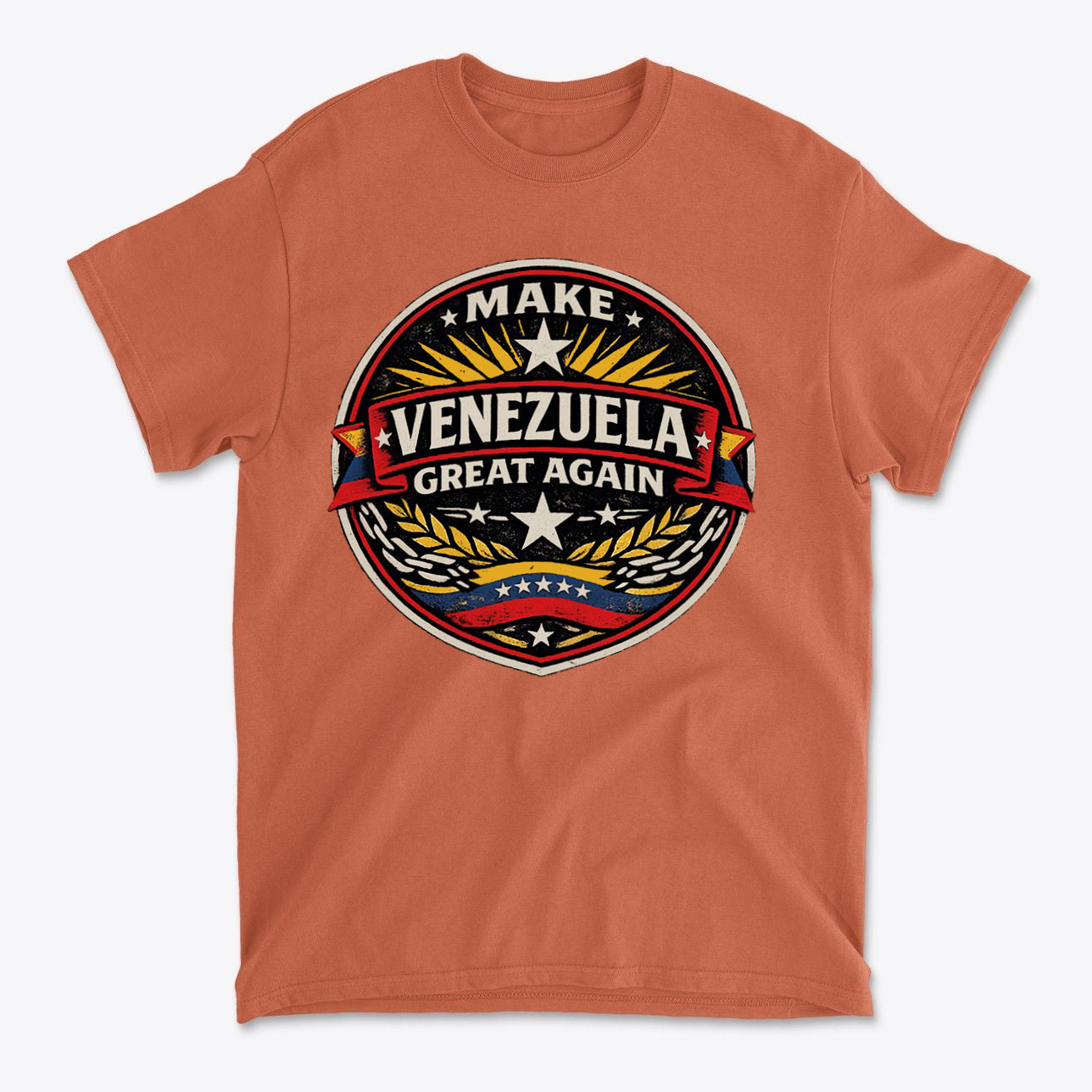 Orange t-shirt featuring the slogan Make Venezuela Great Again for the Future with a bold graphic design.