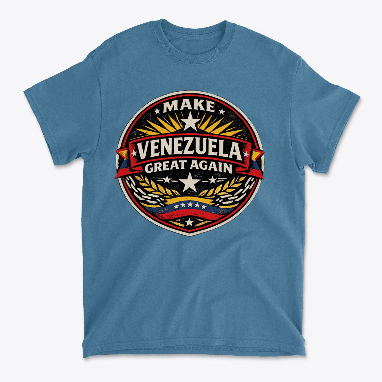 Blue t-shirt featuring the slogan Make Venezuela Great Again for the Future in a bold graphic design.